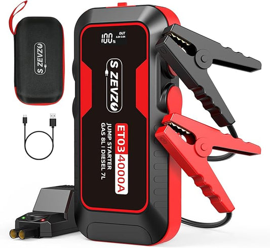 S ZEVZO ET03 Car Jump Starter 4000A Jump Starter Battery Pack for Up to 8.0L Gas and 7.0L Diesel Engines, 74Wh Portable 12...