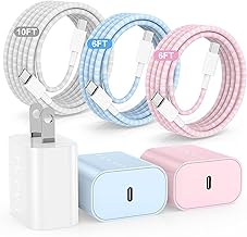 Hzevn 20W USB C Fast Charging for iPhone 17 Air/16/15 Pro Max,3Pack Colorful Mixed Charger Block with Braided Long USB C t...