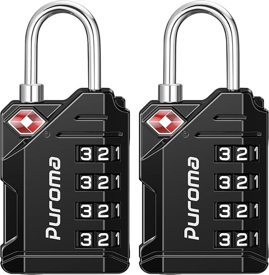 Puroma TSA Approved Travel Luggage Locks, 2 Pack Black 4 Digit Resettable Combination Code Lock with Zinc Alloy Body for S...