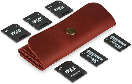Cognac Leather SD Card Holder - Micro SD & Memory Card Organizer & Storage Case for Travel