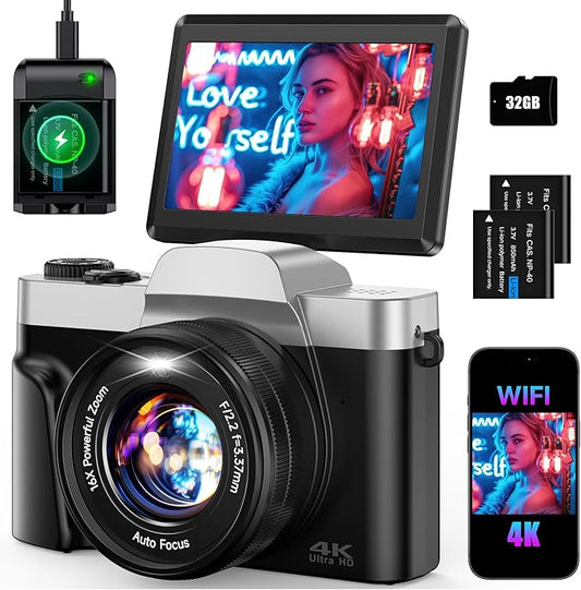 4K Digital Camera for Photography 64MP WiFi Vlogging Camera for YouTube Autofocus 3" 180° Flip Screen 16X Zoom Compact Tra...