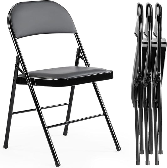 Sweetcrispy Folding Chair 4 Pack, Leather Padded Folding Chairs, Sturdy Metal Foldable Chairs, Easy to Use and Store, Outd...
