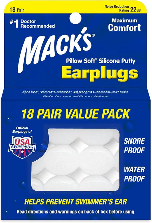 Mack's Pillow Soft Silicone Earplugs, 18 Pair - The Original Moldable Silicone Putty Ear Plugs for Sleeping, Snoring, Swim...