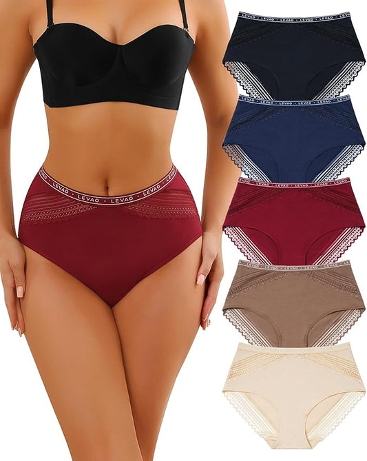 LEVAO Women's Cotton Underwear High Waisted Briefs Full Coverage Bikini Panties with Lace Trim Soft Hipster 5 Pack S-XXL