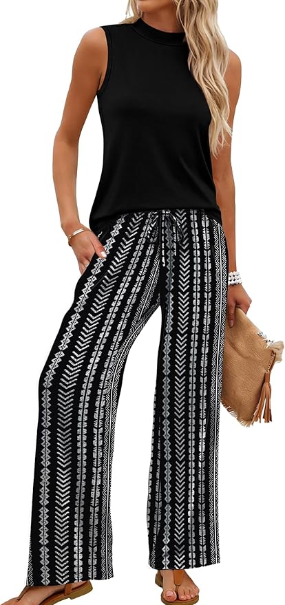 WIHOLL Two Piece Set for Women Summer Spring Outfits Cruise Travel Airport Beach Vacation Mock Neck Wide Leg Pants Set