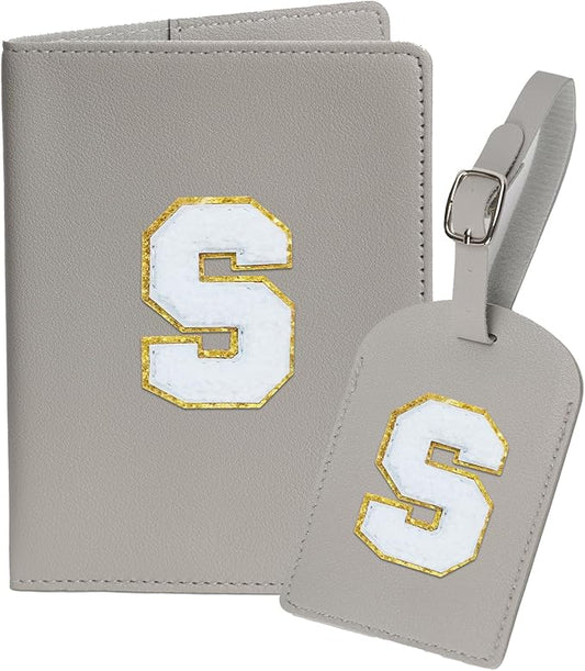 Initial Passport Cover Holder and Luggage tag Set,PU Leather Passport Case Travel Suitcase Tag with Letter Patch, Personal...