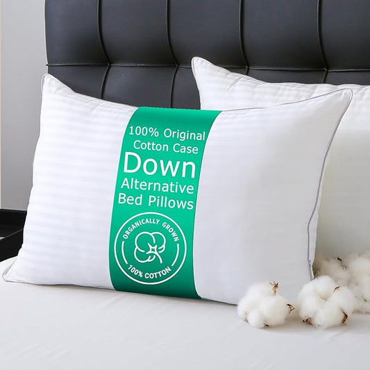 APSMILE Bed Pillows for Sleeping Queen Size Set of 2, 100% Cotton Case & ClimaLoft Hybrid Down Alternative Pillow for All ...
