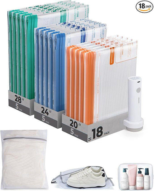 BAGSMART Vacuum Storage Bags for Travel with Rechargeable Air Pump, 18 Pack Portable Space Saver Bags for Travel & Home, V...