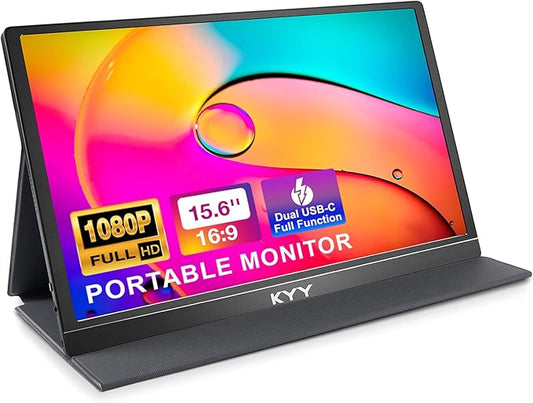 KYY Portable Monitor 15.6'' 1080P FHD USB-C Laptop Monitors w/Smart Cover & Dual Speaker, HDMI Computer Display IPS HDR Ex...