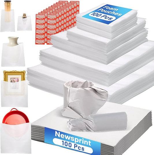 320 Pcs Foam Pouches & Packing Paper for Moving Supplies, 5 Sizes Packing Foam Pouches, Newsprint Paper with Fragile Stick...
