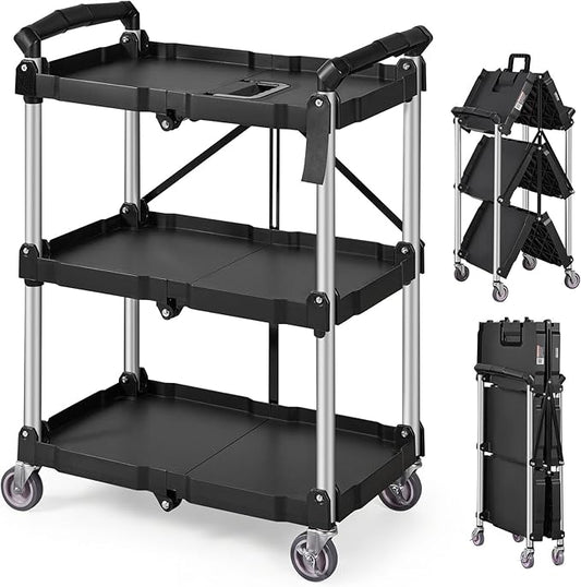 VEVOR Foldable Utility Service Cart, 165LBS 3 Shelf Heavy Duty Plastic Rolling Cart with 360° Swivel Wheels (2 with Brake...