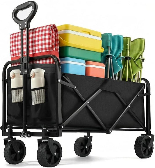 Collapsible Wagon 220 lbs, Heavy Duty Wagon Carts Foldable, Portable Wagons for Groceries, Beach Cart with All-Terrain Whe...