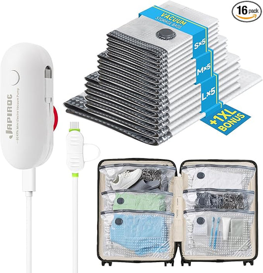 Luciteck Travel Vacuum Storage Bags 16 Pack with USB Powered Electric Pump, Vacuum Seal Bags for Clothing Travel, Space Sa...