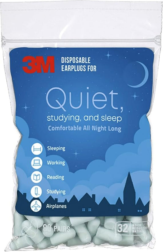 3M Disposable Earplugs For Quiet, Studying & Sleep, 80 Pairs (160 Plugs), Noise Reduction Rating (NRR) 32 dB, Comfortable ...