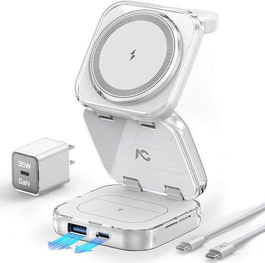 5-in-1 Wireless Charger for MagSafe, AC ISLAND Portable Travel Charging Station, 35W Max Fast Foldable Magnetic Stand, Evo...