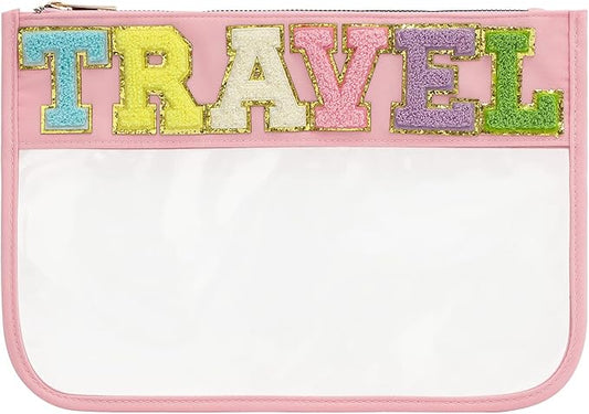 DYSHAYEN Chenille Letter Clear Zipper Pouch for Travel,Nylon Clear Cosmetic Bag,Makeup Travel Bag for Women Girls 11.8 Inc...