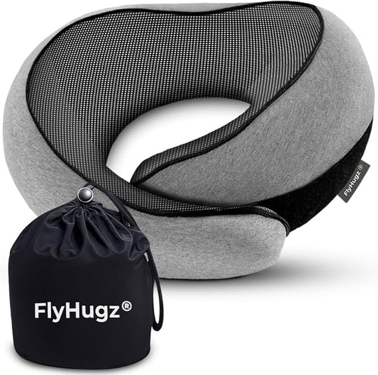 FlyHugz® Neck Travel Pillow | Memory Foam Neck Pillow for Comfort on Airplane | Compact and Ergonomic Design for Travel, C...