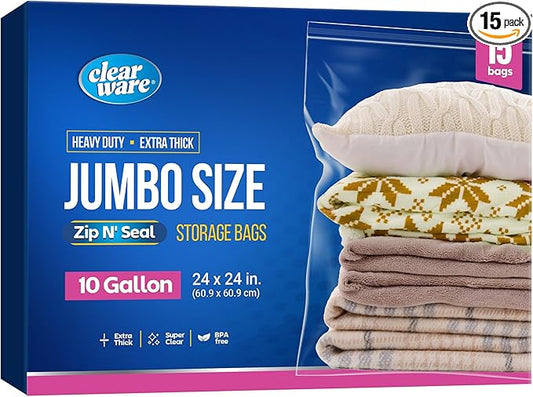 15 Count - Large Storage Bags With Zipper Top, 10 Gallon Size 24" x 24", Extra Large Plastic, For Clothes, Travel, Moving,...