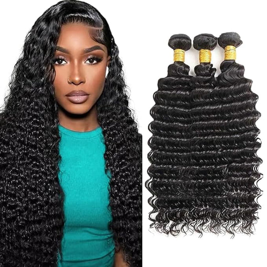 24 26 28 inch Human Hair Bundles Human Hair Deep Wave Bundles Brazilian Remy Wet and Wavy Bundle #1B Color 300g