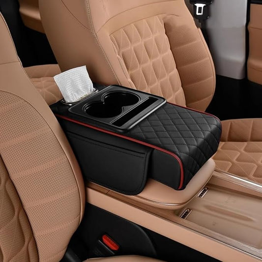 Multifunctional PU Leather Car Armrest Box Mat, Car Armrest Cushion, 5-in-1 Center Console Cover, with 2 Storage Bags Cup ...