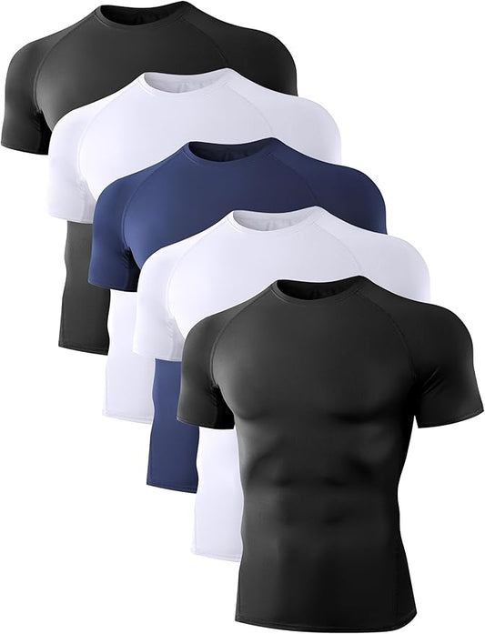 Dalavch 5 Pack Men’s Compression Shirts Short Sleeve Cool Dry Sports Athletic Workout Base Layer Undershirt T-Shirt Tops