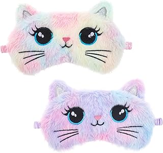 Sleep Mask for Kids, 2 Pcs Cute Cat Sleeping Eye Mask Colorful Soft Plush Girls Sleep Masks Comfortable Funny Animal Night...