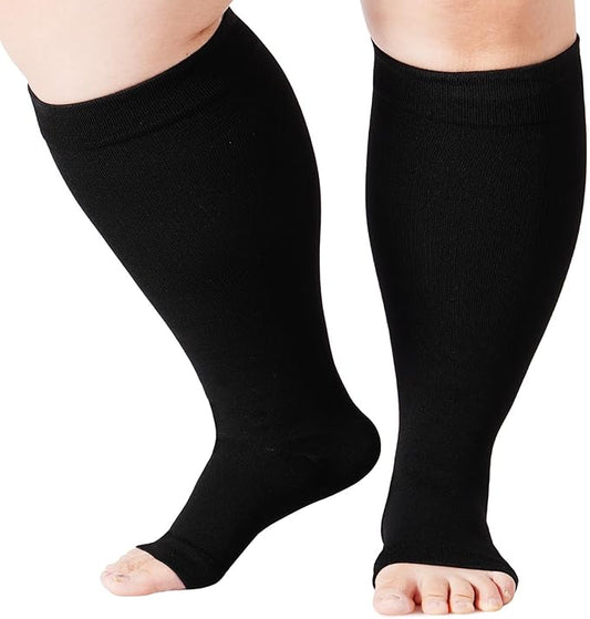 Abodhu Plus Size Compression Socks Open Toe Compression for Women& Men 15-20mmHg Wide Calf Knee High Toeless Compression Sock