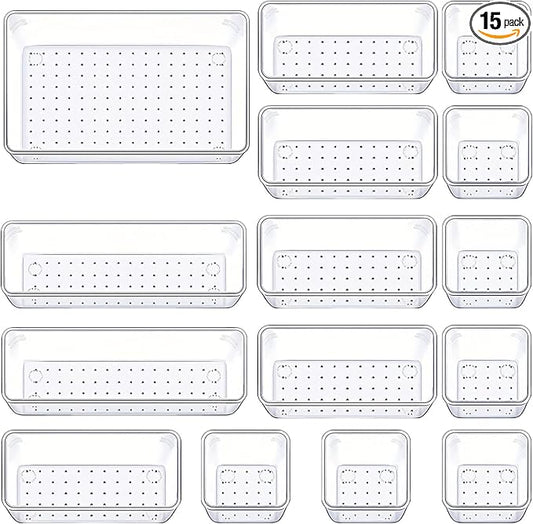 Manalete Drawer Organizers Set of 15, 4 Sizes Clear Plastic Drawer Organizers and Storage Bins for Kitchen, Bathroom, Offi...