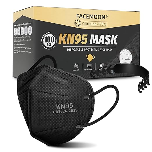 KN95 Face Masks Black Adults - 100 Pack Disposable Masks Comfortable 5-Layer Safety Face Masks & 5 Adjustable Masks Extend...