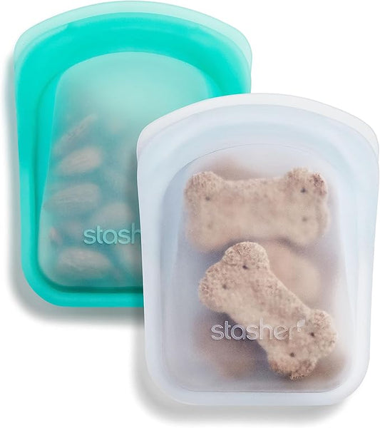 Stasher Premium Silicone Reusable Food Storage Pocket Bags, 2-Pack, Clear + Aqua, Multi-Use Food Storage Bags, Lunch Bag, ...