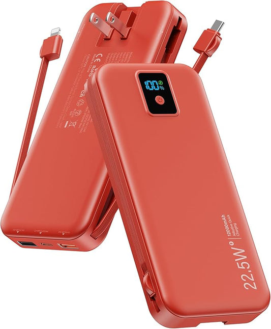 Portable Charger, 12000mAh 22.5W Fast Charging Power Bank with Built-in Cables & Wall Plug, Travel Essentials Battery Pack...