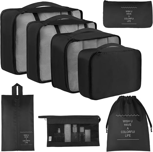 Vercord 8 Set Travel Packing Pods Luggage Organizers Cubes with Laundry Bags Accessories