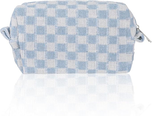 Tyqour Blue Checkered Makeup Bag for Purse, Cute Cosmetic Pouch, Portable Zipper Skin Care Bag, Knitting Small Make Up Pou...