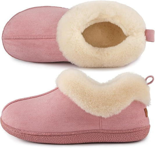 HomeTop Women's Closed-back Slippers Faux Wool Warm Non-slip Outdoor Indoor House Shoes with Fuzzy Collar