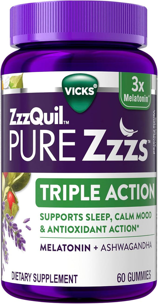 ZzzQuil PURE Zzzs Triple Action, Melatonin Gummies, Melatonin 6mg, 3X Melatonin, Sleep Aid with Ashwagandha, Calm Mood, An...