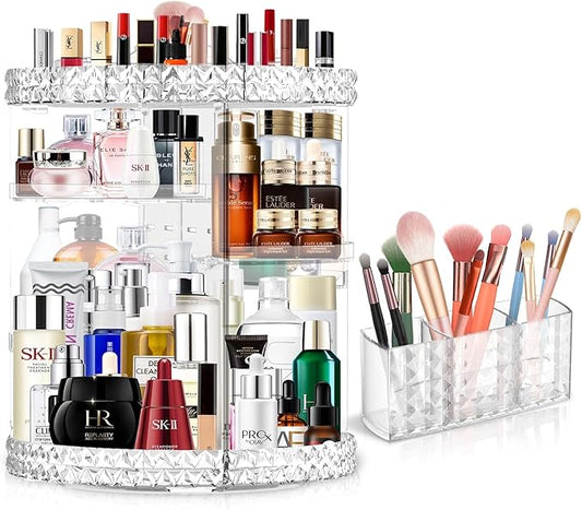360 Rotating Makeup Organizer for Vanity + Makeup Brush Holder,Perfume Organizer with 6 DIY Adjustable Layer,Large Capacit...