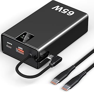 65W Power Bank 27000mAh TSA Approved, USB C Metal Laptop Charger Built-in Cable|Total 130W 3 Ports Fast Charging for MacBo...