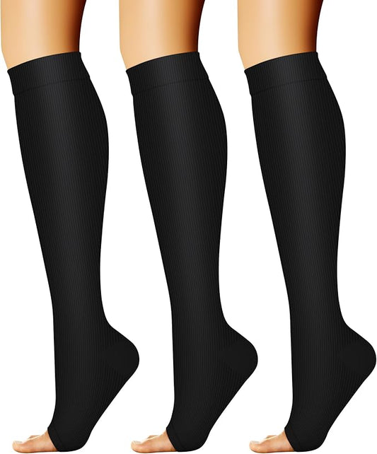 CHARMKING 3 Pairs Open Toe Compression Socks for Women & Men Circulation 15-20 mmHg is Best Support for All Day Wear