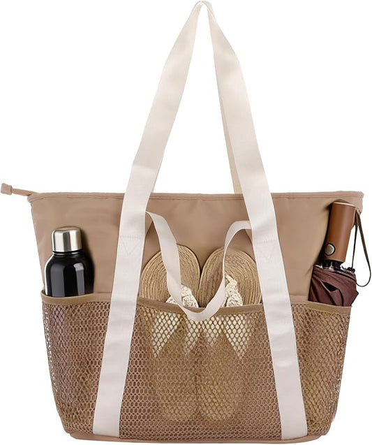 DORMIYA Beach Bag for Women, Large Waterproof Sandproof Beach Bag with Zipper, Foldable Handbag with Exterior Mesh Pocket...