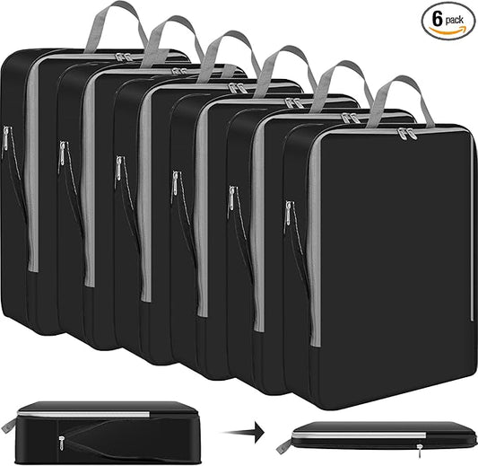 Hosuly 6 Pcs Compression Packing Cube Bag Extra Large Travel Expandable Space Saving Organizers XL for Luggage Storage (Bl...