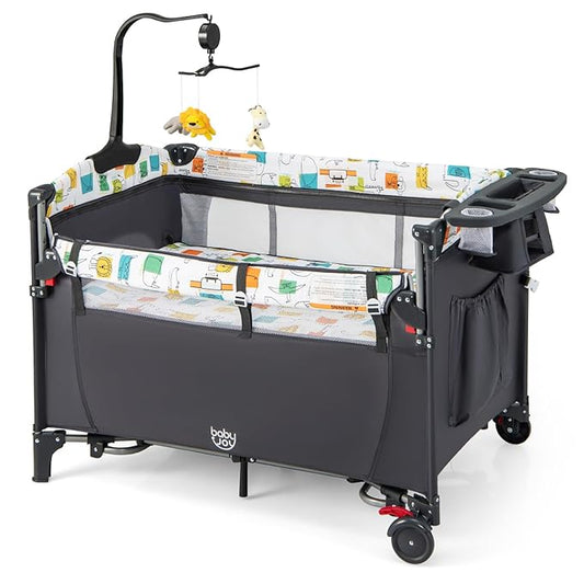 BABY JOY 5-in-1 Pack and Play, Baby Bedside Sleeper with Bassinet, Multifunction Bedside Crib from Newborn to Toddlers, U-...