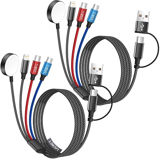 Dual Type-C Port 4 in 2 Multi Charging Cable for Apple iWatch Charger/iPhone 17/Lightning, Travel Charger for Multiple Dev...