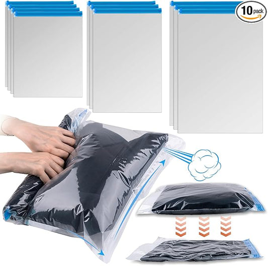 10 PCS Compression Bags for Travel Essentials, 3 Sizes Space Saver Bags, No Vacuum or Pump Needed, Roll Up Vacuum Packing ...