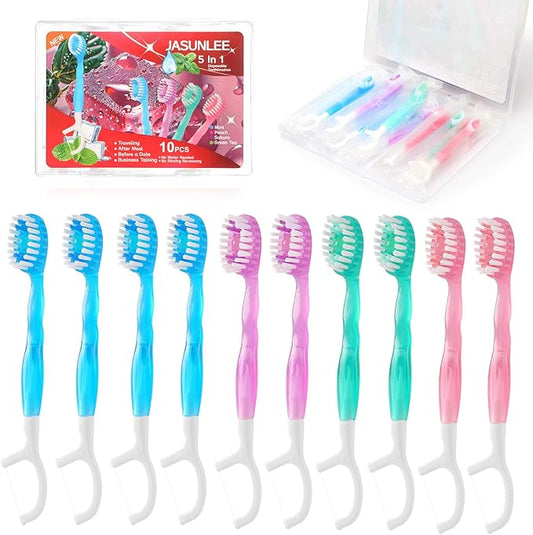JASUNLEE 10Pack Mini Disposable Toothbrushes with Toothpaste Tongue Scraper Floss Pick 5-in-1 Portable Pre-Pasted Travel T...