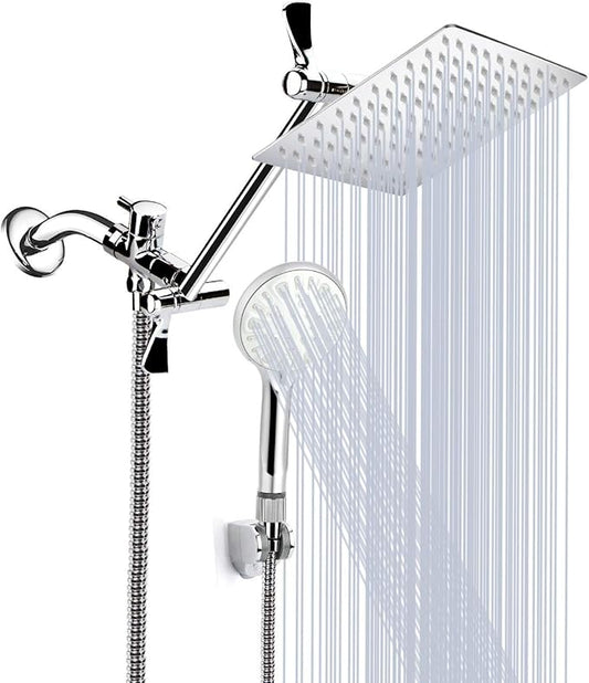10 Inch High Pressure Rainfall Shower Head/Handheld Shower Combo with 11 Inch Extension Arm, 9 Settings Adjustable Anti-le...