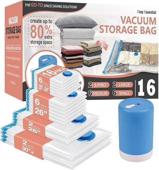 Cozy Essential 16 Pack Travel Vacuum Storage Bags with Rechargeable Wireless Electric Pump for Luggage, Suitcase, Carry-on...