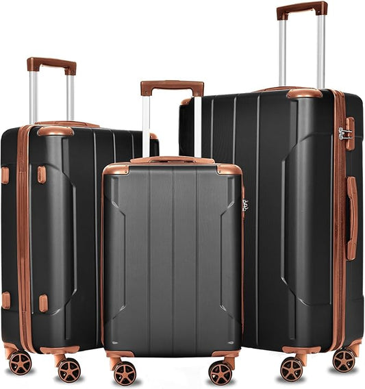 Merax Luggage Sets 3 Piece Hardshell 8 Spinner Wheels Lightweight Suitcase Corner Guards Travel Luggage (Black brown 20IN ...