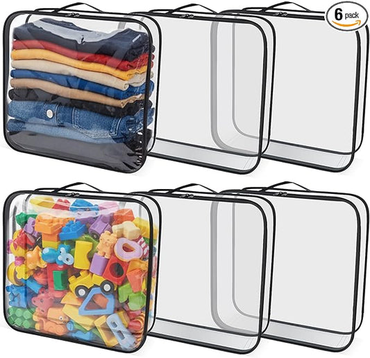 6 Pack Large Clear Travel Packing Cube, See-Through PVC Organizer, Vinyl Zippered Storage Bags Multipurpose Pouch with Han...