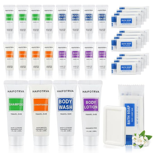 100 Pcs 5-IN-1 Hotel Soaps and Toiletries Bulk Set,5-Piece Set Mini Bulk Travel Size Toiletries Set 1 oz each Shampoo,Cond...