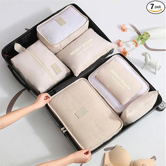 Laebevon 7 Set Packing Cubes with Shoe Bag - Travel Luggage Organizer, Beige